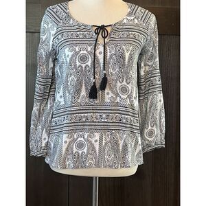 Black Rainn White Black Paisley Shirt Long Sleeve Small Pullover Tasseled